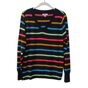 Women's Croft & Barrow Navy Blue Striped V-Neck Long Sleeve Sweater Size Medium